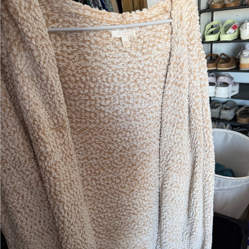 LC Lauren Conrad Cream and Tan Bouclé Open-Front Cardigan